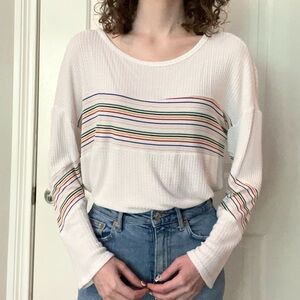 Women’s white striped long sleeve waffle knit casual shirt top